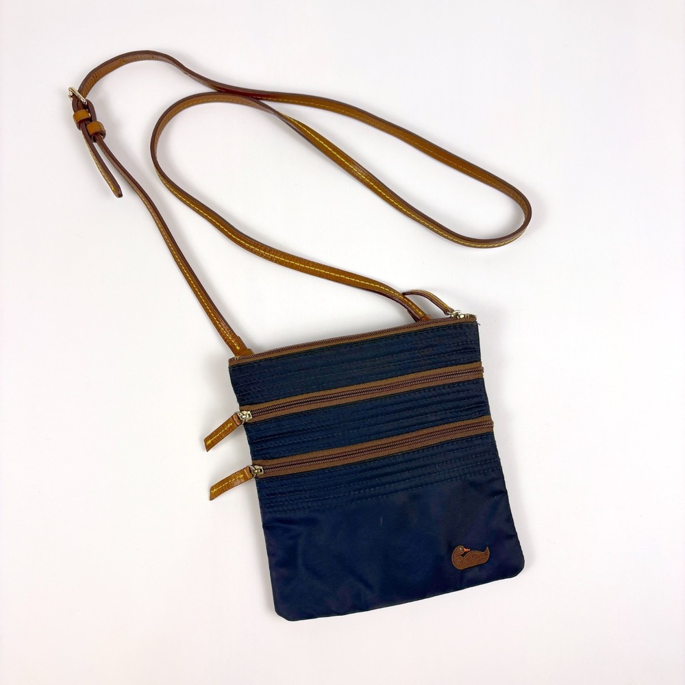 VTG Y2K Dooney & Bourke Nylon North South Triple Zip Crossbody Navy Brown Leatht